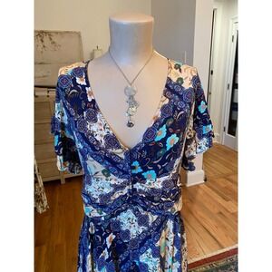 Blue Floral Maxi Dress with V-Neck